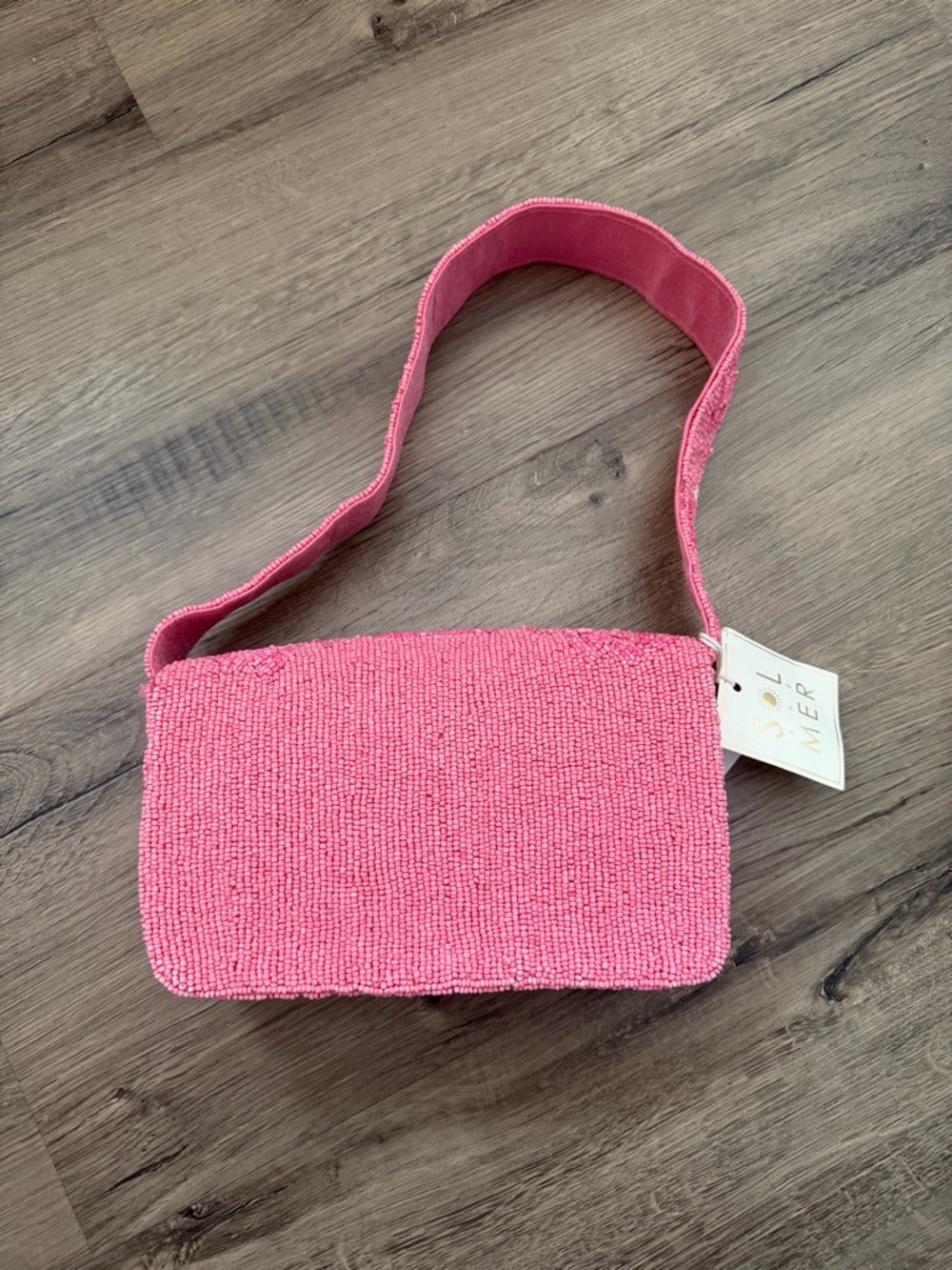 Pink Beaded Floral Shoulder Bag with Wide Strap - Picture 2 of 9